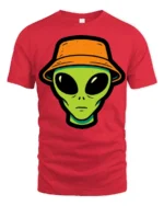 Cool Alien Bucket Hat Graphic T Shirt Funny UFO Street Style Tee - red t-shirt on white background