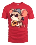 Cool Mouse Playing Guitar With Sunglasses Funny Kawaii Cartoon T Shirt - red t-shirt on white background