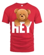 Cute Teddy Bear Hey Graphic T Shirt Funny Cartoon Animal Tee - red t-shirt on white background