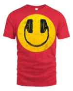 Smiley Face Headphones Graphic T Shirt Retro Music Vibe Tee - red t-shirt on white background