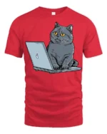 Funny Cat Working On Laptop Graphic T Shirt Cute Tech Kitty Tee - red t-shirt on white background