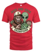 Hide And Seek Champions Funny Alien Bigfoot Graphic T Shirt Style - red t-shirt on white background