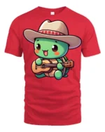 Cute Turtle Cowboy Playing Guitar Funny Cartoon T Shirt Kawaii Style Tee - red t-shirt on white background
