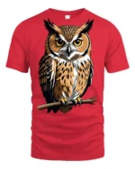 Majestic Owl Perched On Branch Graphic T Shirt Wildlife Nature Tee - red t-shirt on white background