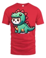 Cute Cat In Dinosaur Costume Funny Kawaii Cartoon T Shirt Adorable Tee - red t-shirt on white background