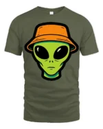Cool Alien Bucket Hat Graphic T Shirt Funny UFO Street Style Tee - military green t-shirt on white background