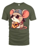 Cool Mouse Playing Guitar With Sunglasses Funny Kawaii Cartoon T Shirt - military green t-shirt on white background