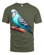 Cute Blue Parakeet Bird Perched Graphic T Shirt Pet Lover Animal Tee - military green t-shirt on white background
