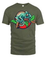 Colorful Chameleon Graphic T Shirt Cute Lizard Nature Animal Tee - military green t-shirt on white background