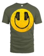 Smiley Face Headphones Graphic T Shirt Retro Music Vibe Tee - military green t-shirt on white background