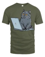 Funny Cat Working On Laptop Graphic T Shirt Cute Tech Kitty Tee - military green t-shirt on white background