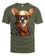 Hipster Chihuahua Dog With Glasses Scarf Graphic T Shirt Cute Pet Tee - military green t-shirt on white background