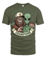 Hide And Seek Champions Funny Alien Bigfoot Graphic T Shirt Style - military green t-shirt on white background