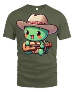 Cute Turtle Cowboy Playing Guitar Funny Cartoon T Shirt Kawaii Style Tee - military green t-shirt on white background