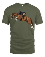 Horse Jumping Rider Equestrian Sport Graphic T Shirt Dynamic Show Tee - military green t-shirt on white background