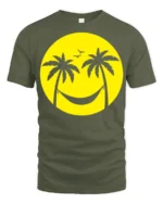 Relaxing Beach Smile Palm Trees Hammock Graphic T Shirt Summer Vibes Tee - military green t-shirt on white background