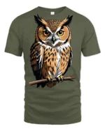 Majestic Owl Perched On Branch Graphic T Shirt Wildlife Nature Tee - military green t-shirt on white background
