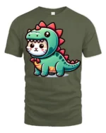 Cute Cat In Dinosaur Costume Funny Kawaii Cartoon T Shirt Adorable Tee - military green t-shirt on white background