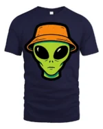 Cool Alien Bucket Hat Graphic T Shirt Funny UFO Street Style Tee - navy t-shirt on white background