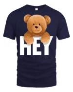 Cute Teddy Bear Hey Graphic T Shirt Funny Cartoon Animal Tee - navy t-shirt on white background