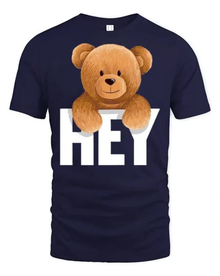 Cute Teddy Bear Hey Graphic T Shirt Funny Cartoon Animal Tee - navy t-shirt on white background