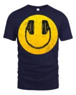 Smiley Face Headphones Graphic T Shirt Retro Music Vibe Tee - navy t-shirt on white background