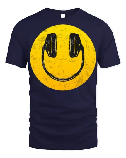 Smiley Face Headphones Graphic T Shirt Retro Music Vibe Tee - navy t-shirt on white background