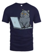 Funny Cat Working On Laptop Graphic T Shirt Cute Tech Kitty Tee - navy t-shirt on white background