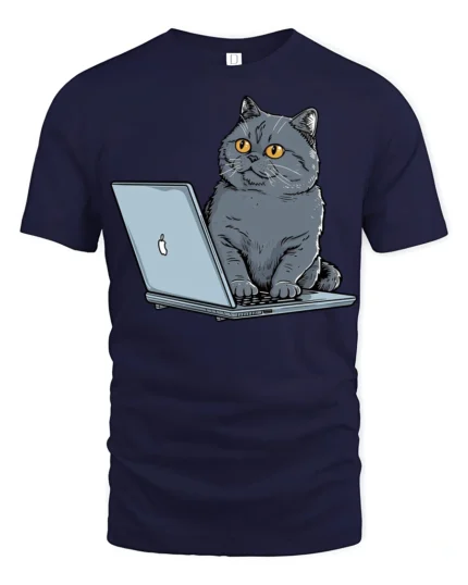 Funny Cat Working On Laptop Graphic T Shirt Cute Tech Kitty Tee - navy t-shirt on white background