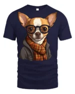 Hipster Chihuahua Dog With Glasses Scarf Graphic T Shirt Cute Pet Tee - navy t-shirt on white background