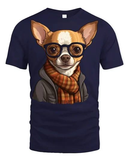Hipster Chihuahua Dog With Glasses Scarf Graphic T Shirt Cute Pet Tee - navy t-shirt on white background