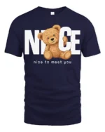 Nice To Meet You Cute Teddy Bear Graphic T Shirt Funny Friendly Tee - navy t-shirt on white background
