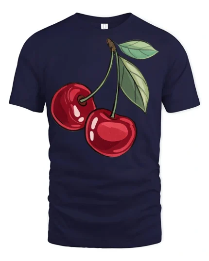 Sweet Red Cherry Fruit Graphic T Shirt Cute Aesthetic Summer Tee - navy t-shirt on white background