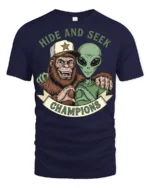 Hide And Seek Champions Funny Alien Bigfoot Graphic T Shirt Style - navy t-shirt on white background