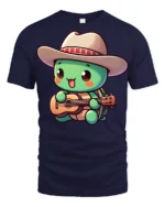 Cute Turtle Cowboy Playing Guitar Funny Cartoon T Shirt Kawaii Style Tee - navy t-shirt on white background