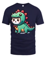Cute Cat In Dinosaur Costume Funny Kawaii Cartoon T Shirt Adorable Tee - navy t-shirt on white background
