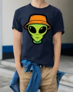 Cool Alien Bucket Hat Graphic T Shirt Funny UFO Street Style Tee - model wearing navy tee with hands in pockets