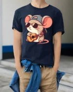 Cool Mouse Playing Guitar With Sunglasses Funny Kawaii Cartoon T Shirt - model wearing navy tee with hands in pockets