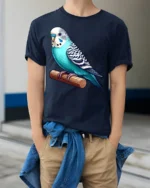 Cute Blue Parakeet Bird Perched Graphic T Shirt Pet Lover Animal Tee - model wearing navy tee with hands in pockets
