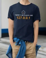 Nerdy Developer Home IP Address Joke Graphic T Shirt Coding Tee - model wearing navy tee with hands in pockets