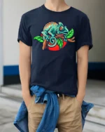 Colorful Chameleon Graphic T Shirt Cute Lizard Nature Animal Tee - model wearing navy tee with hands in pockets