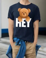 Cute Teddy Bear Hey Graphic T Shirt Funny Cartoon Animal Tee - model wearing navy tee with hands in pockets