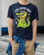 Cool Gator Vibes Funny Alligator Graphic T Shirt Cute Animal Tee - model wearing navy tee with hands in pockets