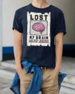 Lost My Brain Funny Sarcastic Humor Graphic T Shirt Tee - model wearing navy tee with hands in pockets