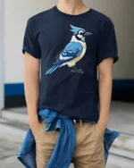 Blue Jay Bird Graphic T Shirt Cute Nature Wildlife Art Style Tee - model wearing navy tee with hands in pockets