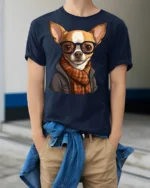 Hipster Chihuahua Dog With Glasses Scarf Graphic T Shirt Cute Pet Tee - model wearing navy tee with hands in pockets