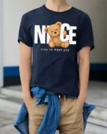 Nice To Meet You Cute Teddy Bear Graphic T Shirt Funny Friendly Tee - model wearing navy tee with hands in pockets