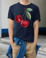 Sweet Red Cherry Fruit Graphic T Shirt Cute Aesthetic Summer Tee - model wearing navy tee with hands in pockets