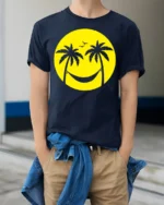 Relaxing Beach Smile Palm Trees Hammock Graphic T Shirt Summer Vibes Tee - model wearing navy tee with hands in pockets