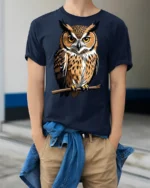 Majestic Owl Perched On Branch Graphic T Shirt Wildlife Nature Tee - model wearing navy tee with hands in pockets
